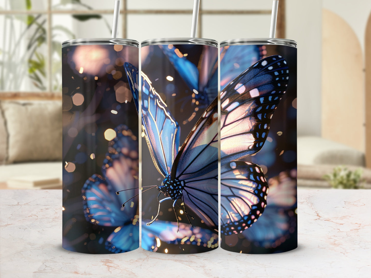 Three tumblers featuring detailed blue and black butterfly wings against a bokeh background.