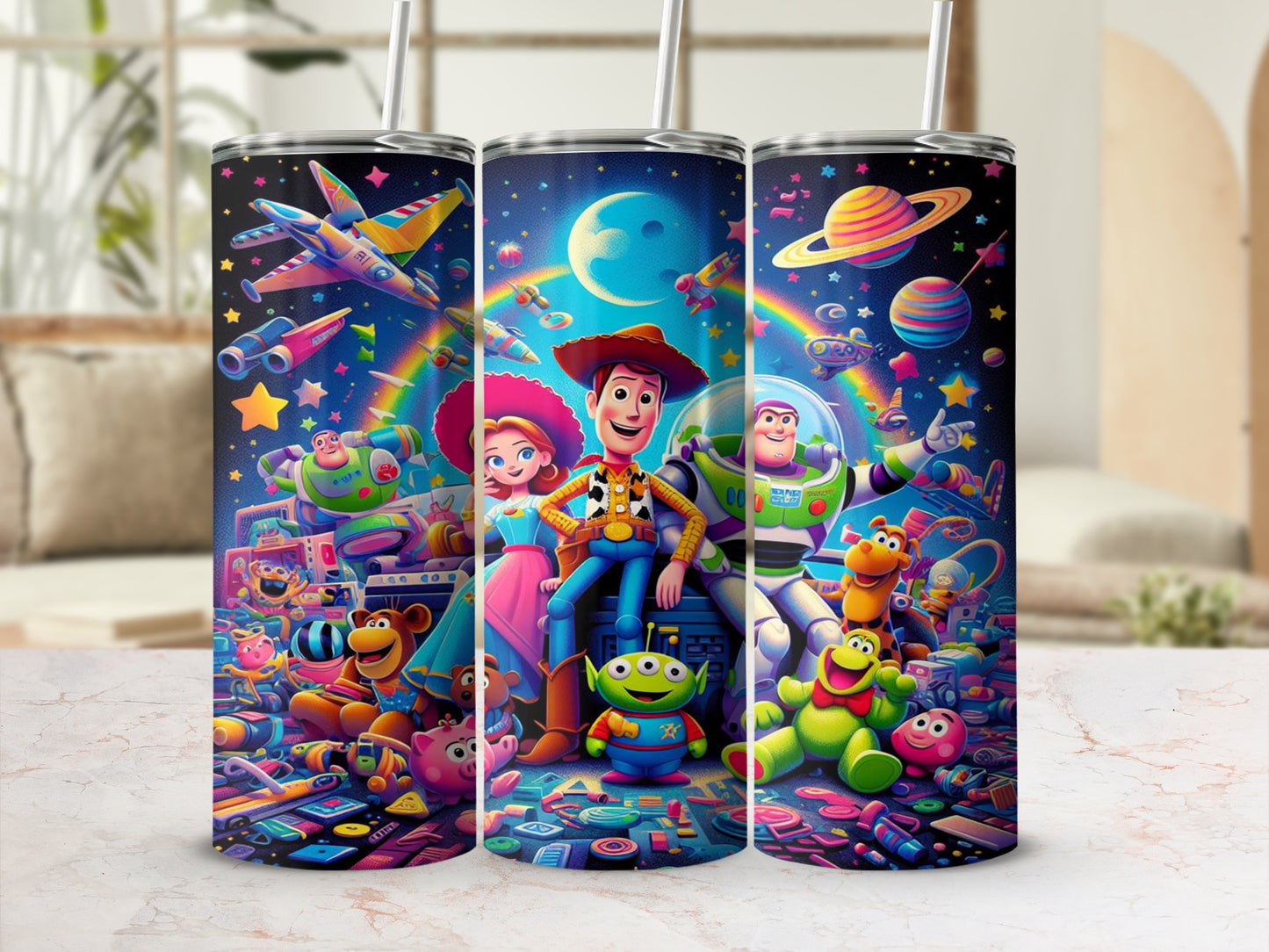 Toy Story characters Buzz Lightyear, Woody, and alien on a colorful tumbler design.