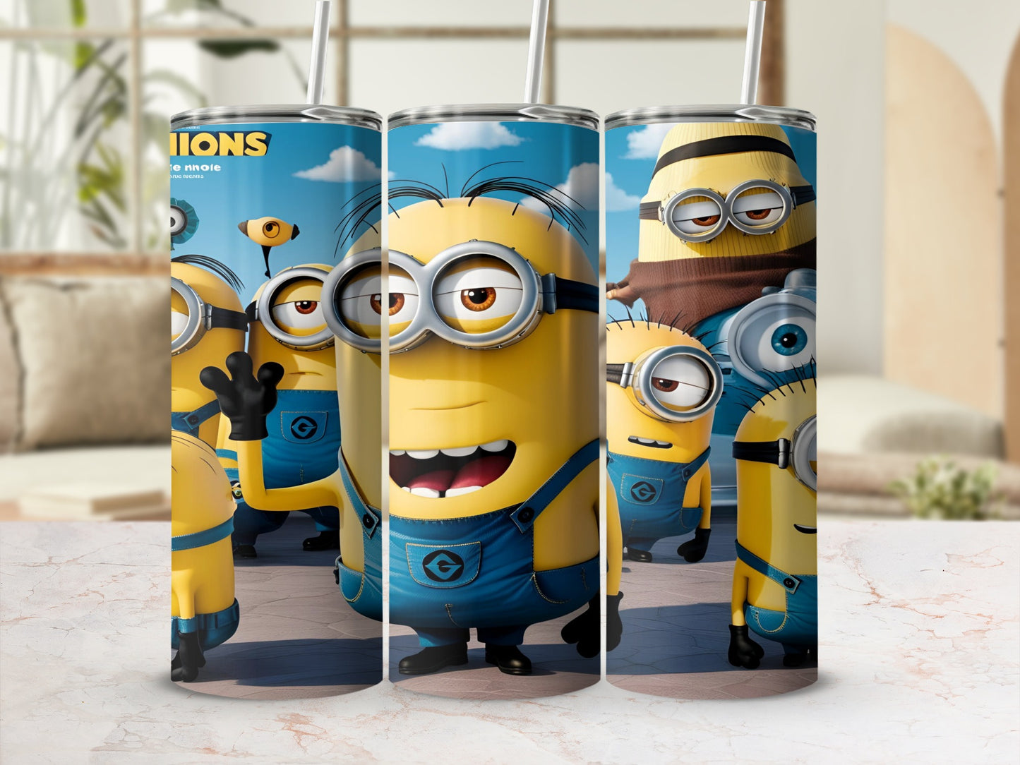 Minions in blue overalls with straws on a tumbler wrap.