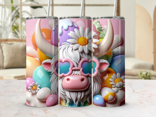 Colorful cow tumbler with sunglasses and Easter eggs.