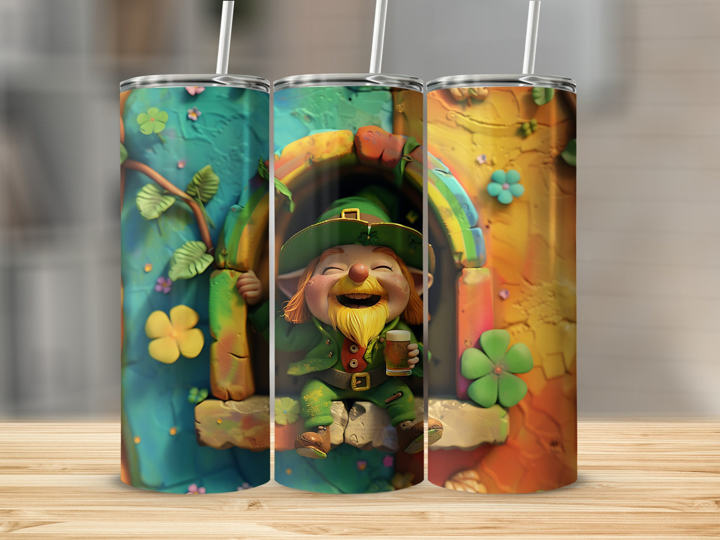 Leprechaun holding a drink in a colorful, festive scene.