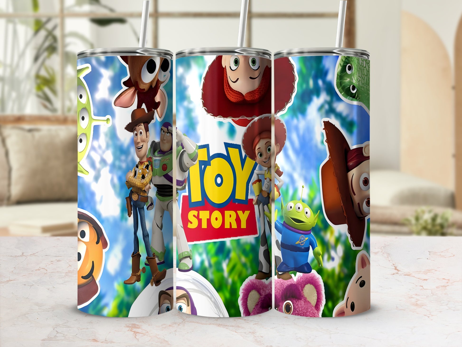 Toy Story characters Buzz Lightyear, Woody, Jessie, and aliens on a blue gradient tumbler.