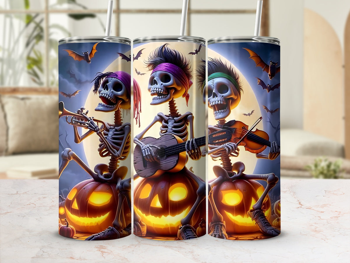 Three skeletons play instruments on jack-o'-lanterns with bats and a full moon.