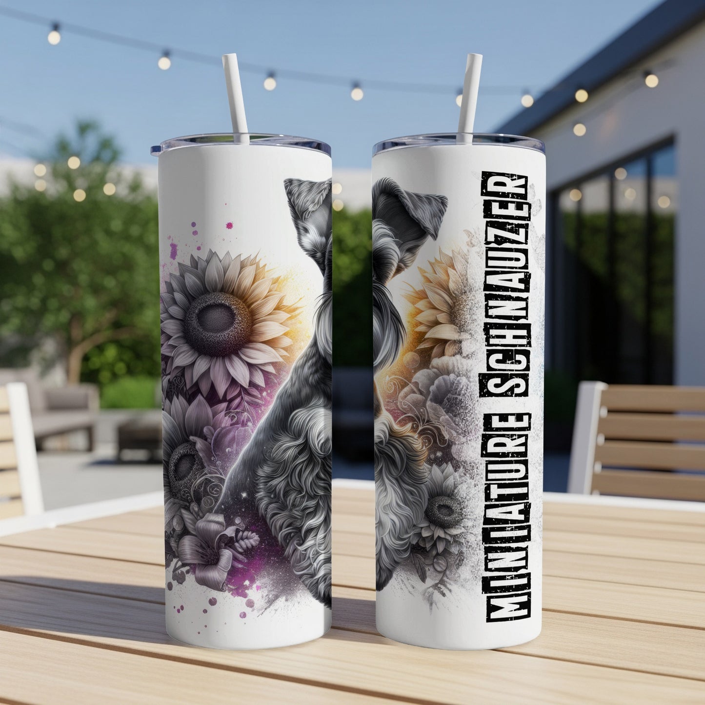 Miniature schnauzer illustration with floral accents on a white tumbler.