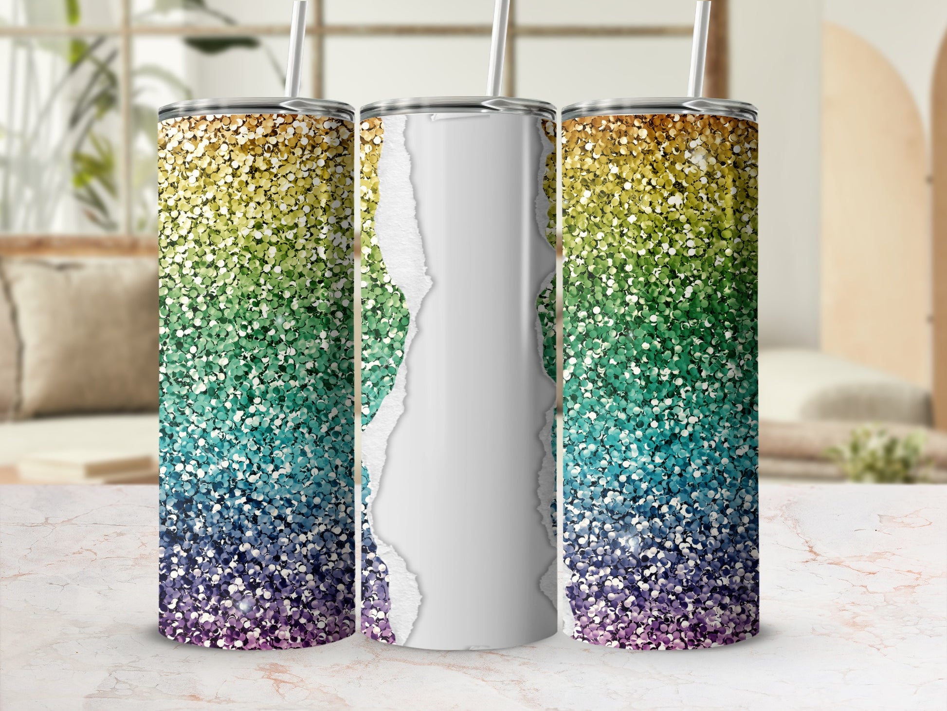 Rainbow glitter tumbler with torn paper design and straw.