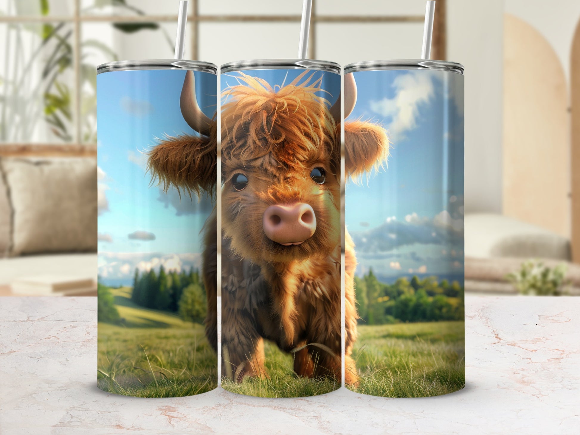 Highland cow in a grassy field, with a bright sky and fluffy clouds.
