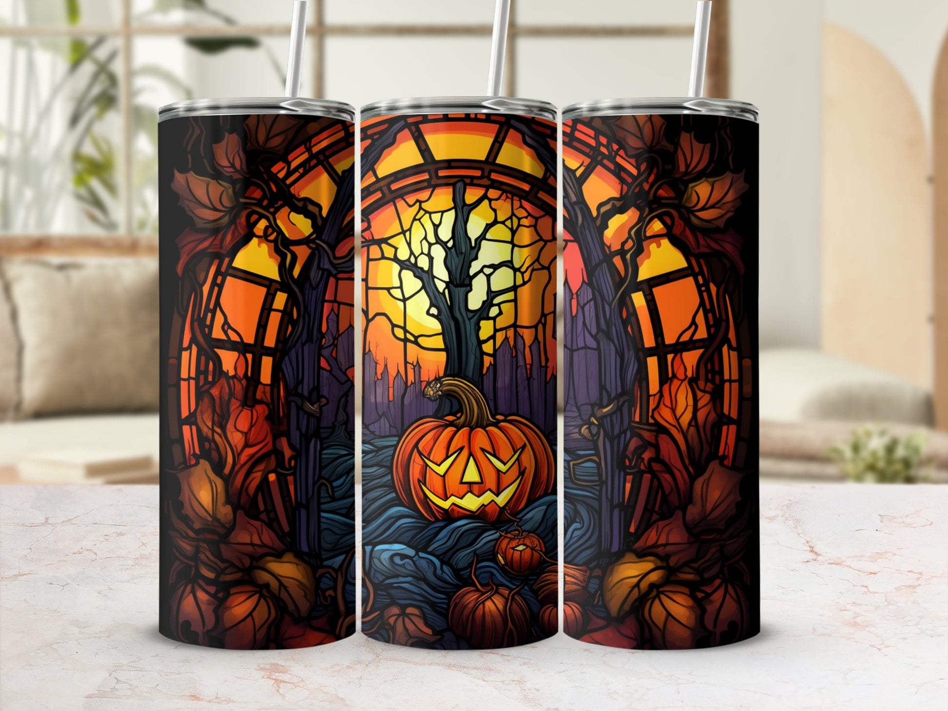 Halloween tumbler with jack-o'-lantern, dark trees, and autumn leaves.