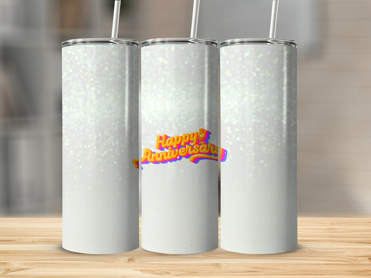 Glittery white tumbler with "Happy Anniversary" in colorful text.