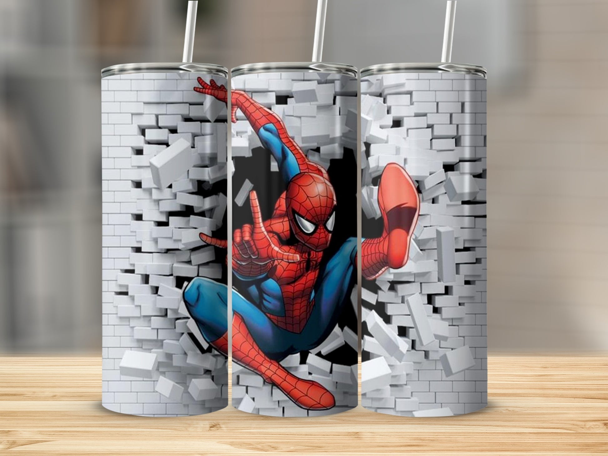 Spider-Man breaking through a brick wall on a tumbler.