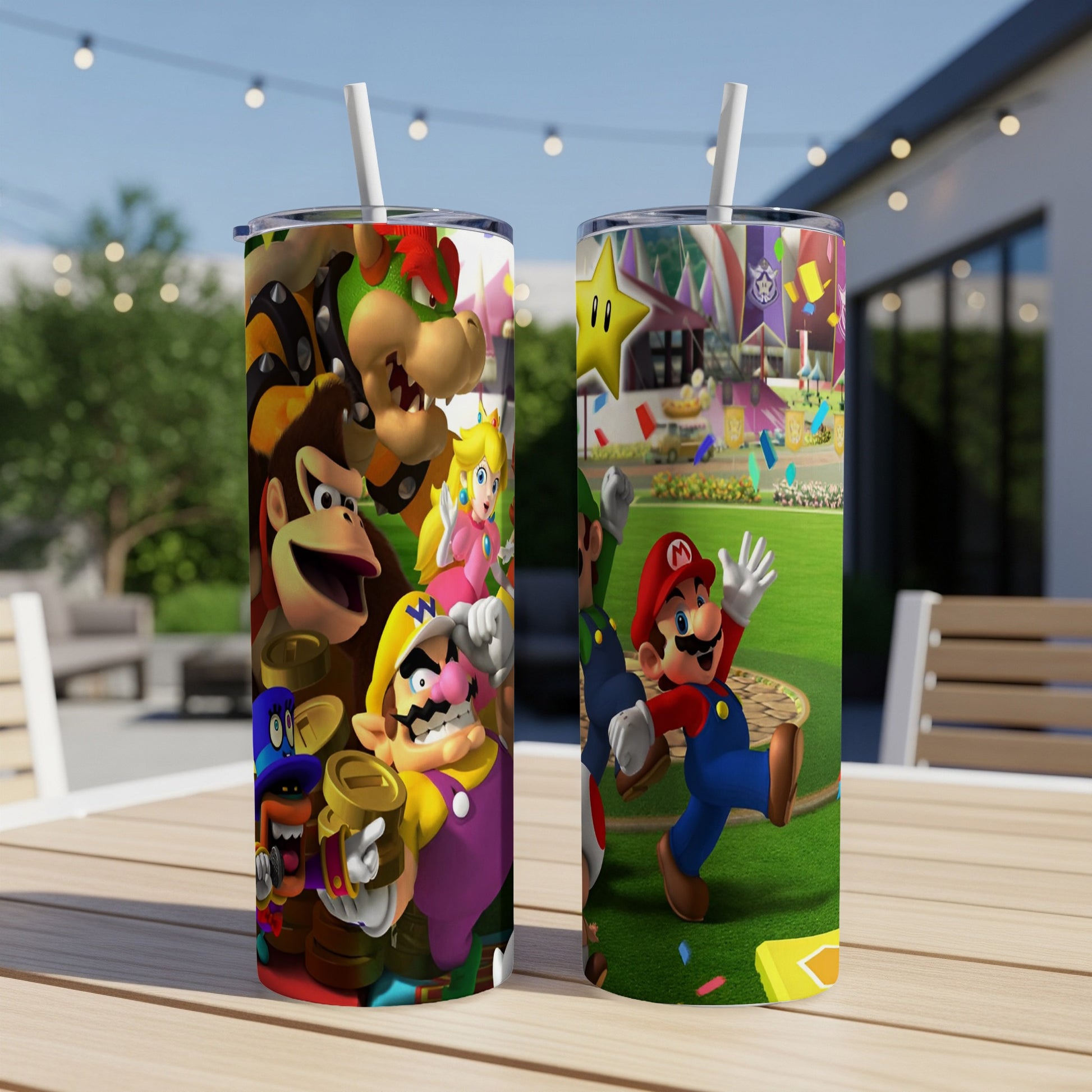Mario characters, including Mario, Luigi, Bowser, and Donkey Kong, on tumblers.
