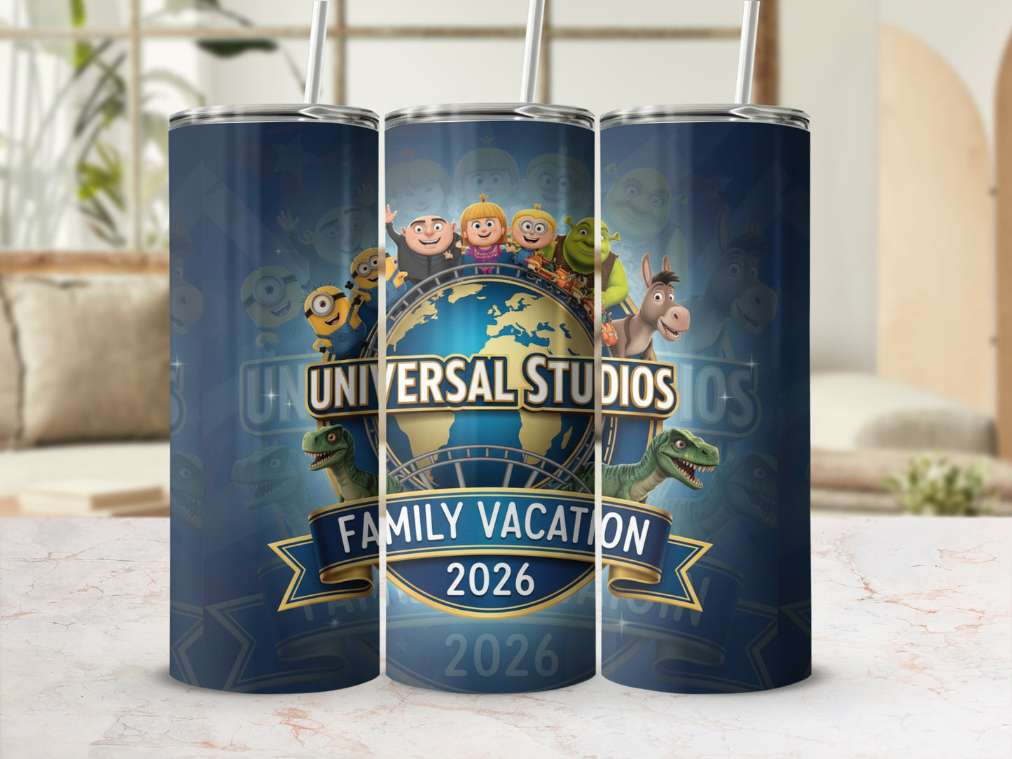 Universal Studios Family Vacation 2026 tumbler with Shrek, Minions, and Donkey.