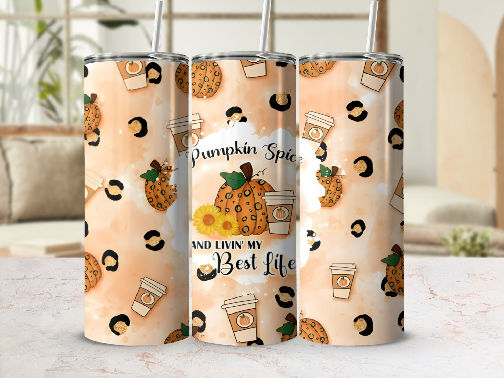 Tumbler with pumpkin spice and leopard print design.