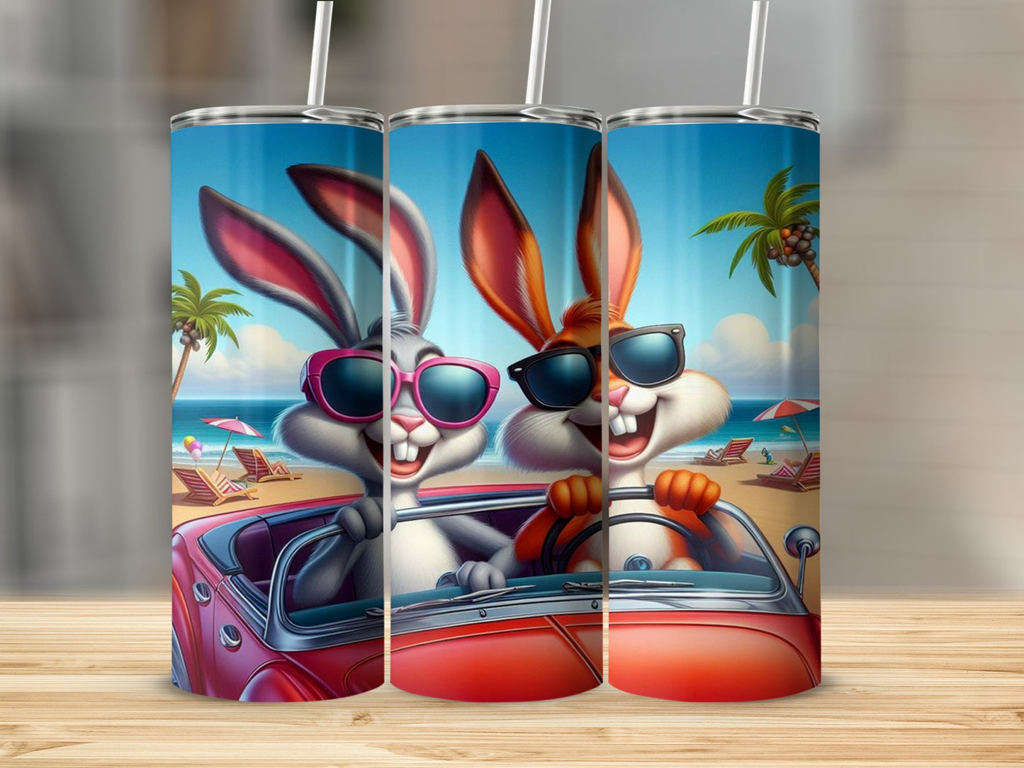 Cute Summer Bunnies Driving Beach Scene Tumbler