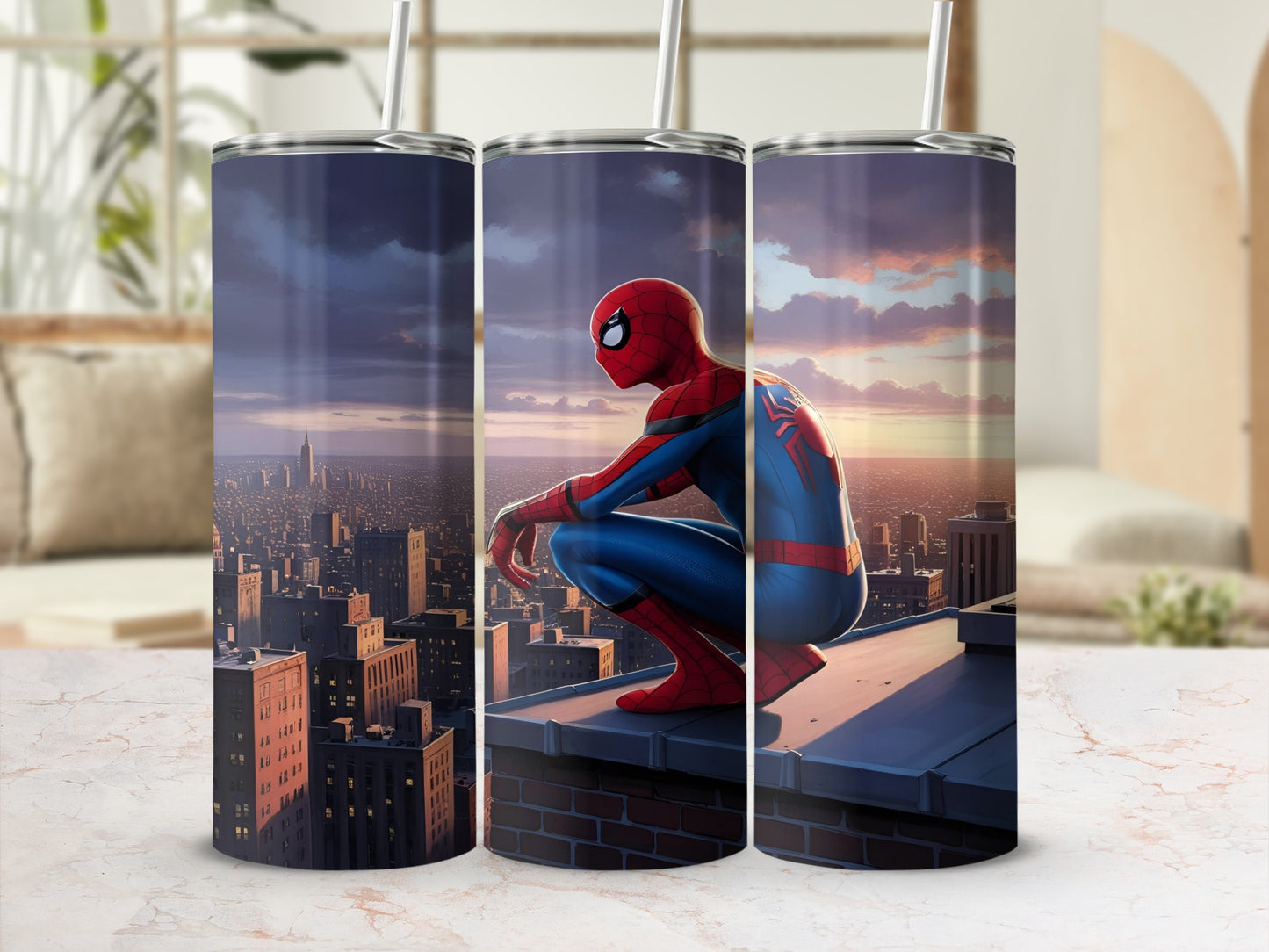Spiderman crouches on a rooftop overlooking a city at sunset.
