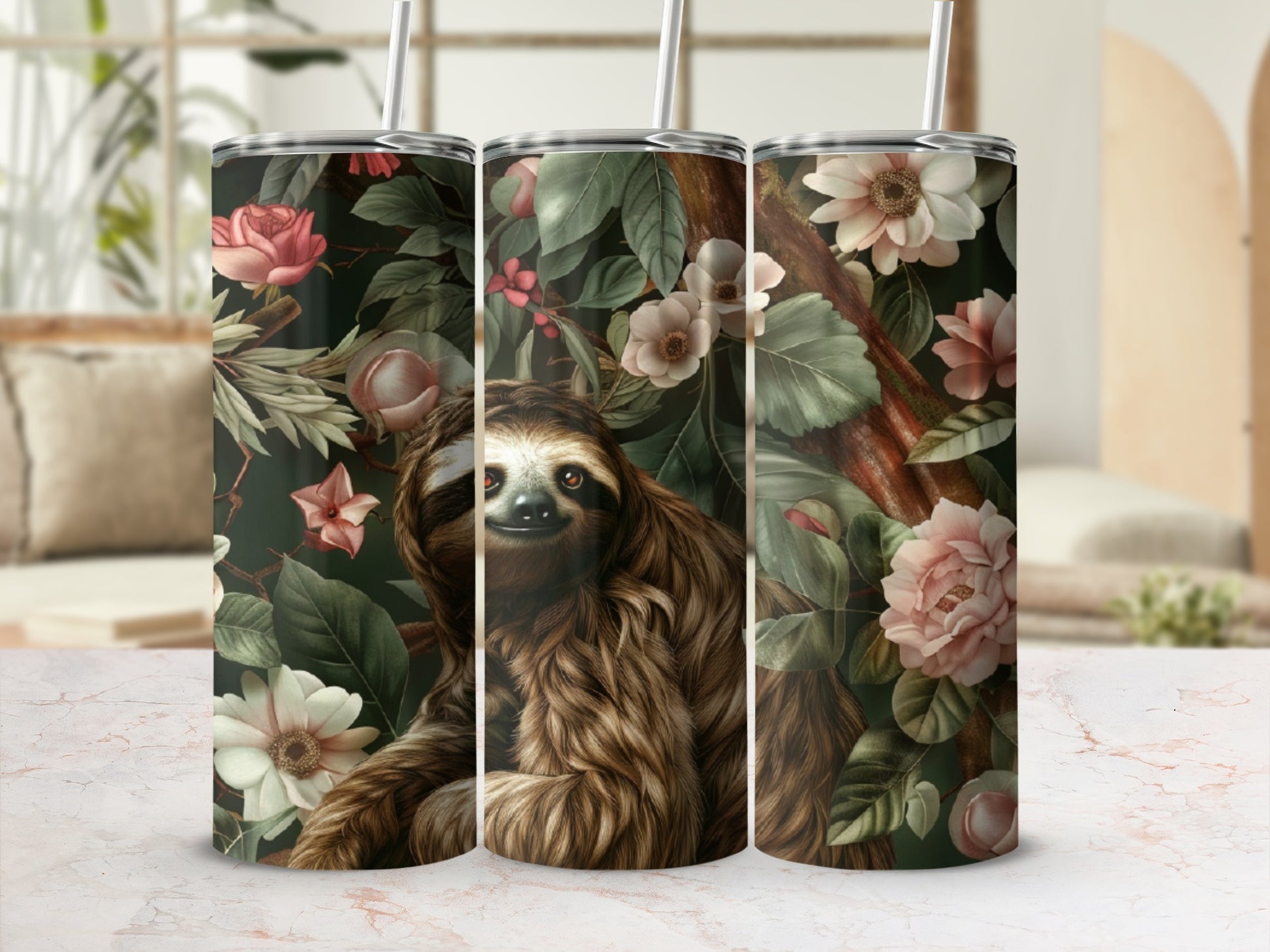 Sloth surrounded by lush foliage and blooming flowers on a patterned tumbler.