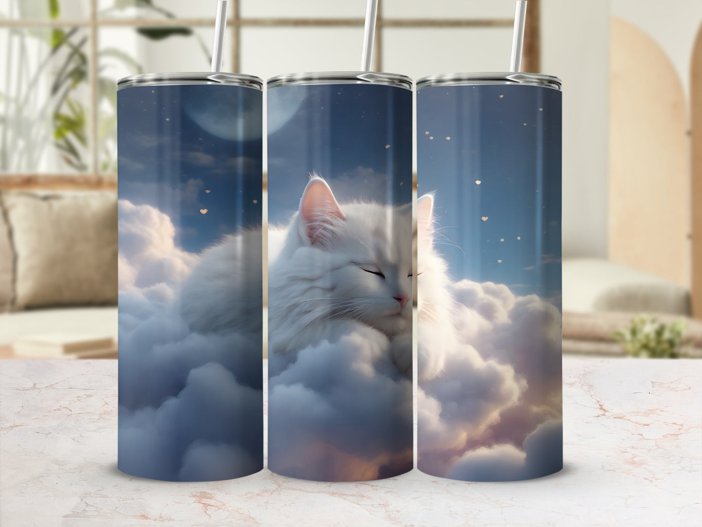 Fluffy white cat sleeping peacefully on clouds with moon and stars.