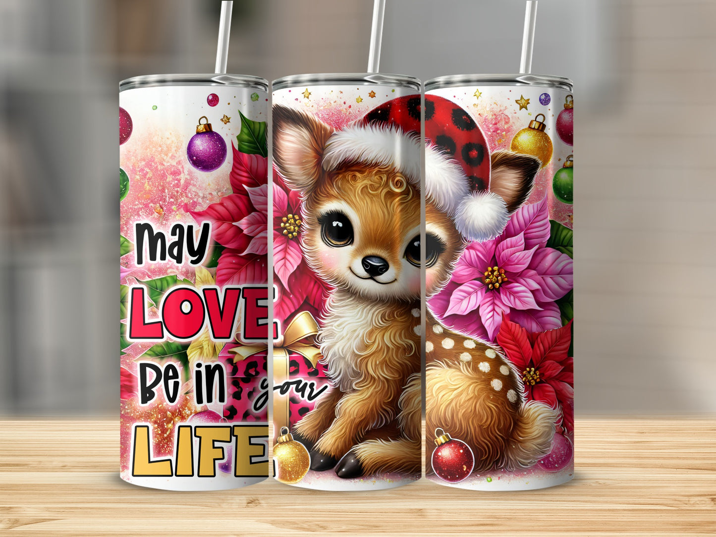 Cute deer in Santa hat with poinsettias and glitter on tumblers.