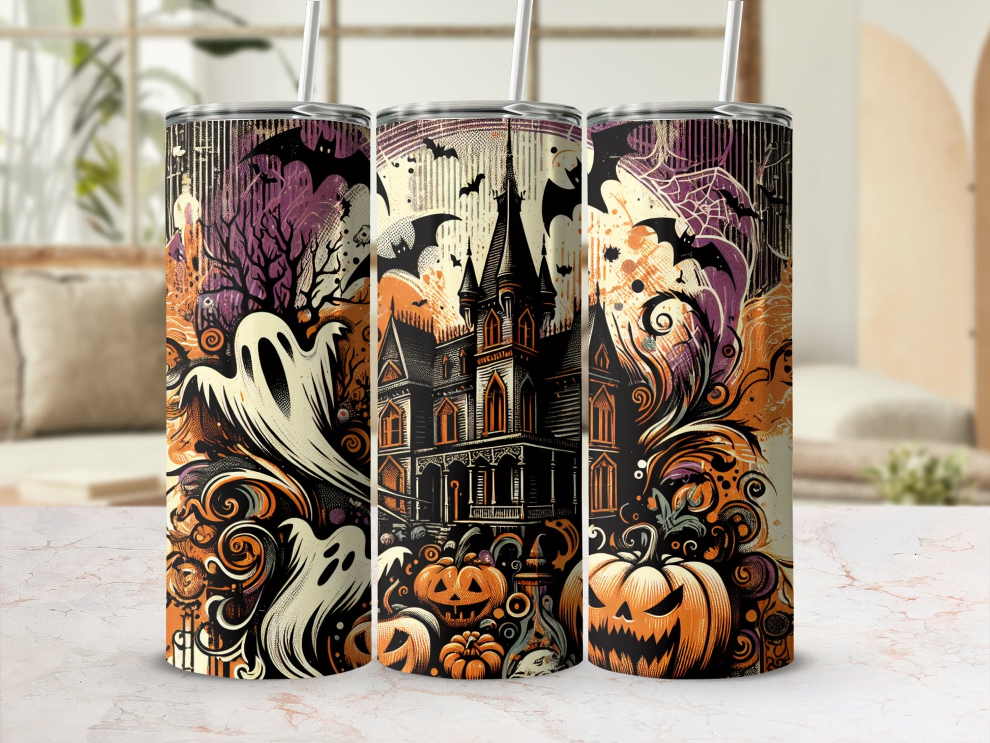 Three tumblers with Halloween designs featuring ghosts, bats, a haunted house, and pumpkins.