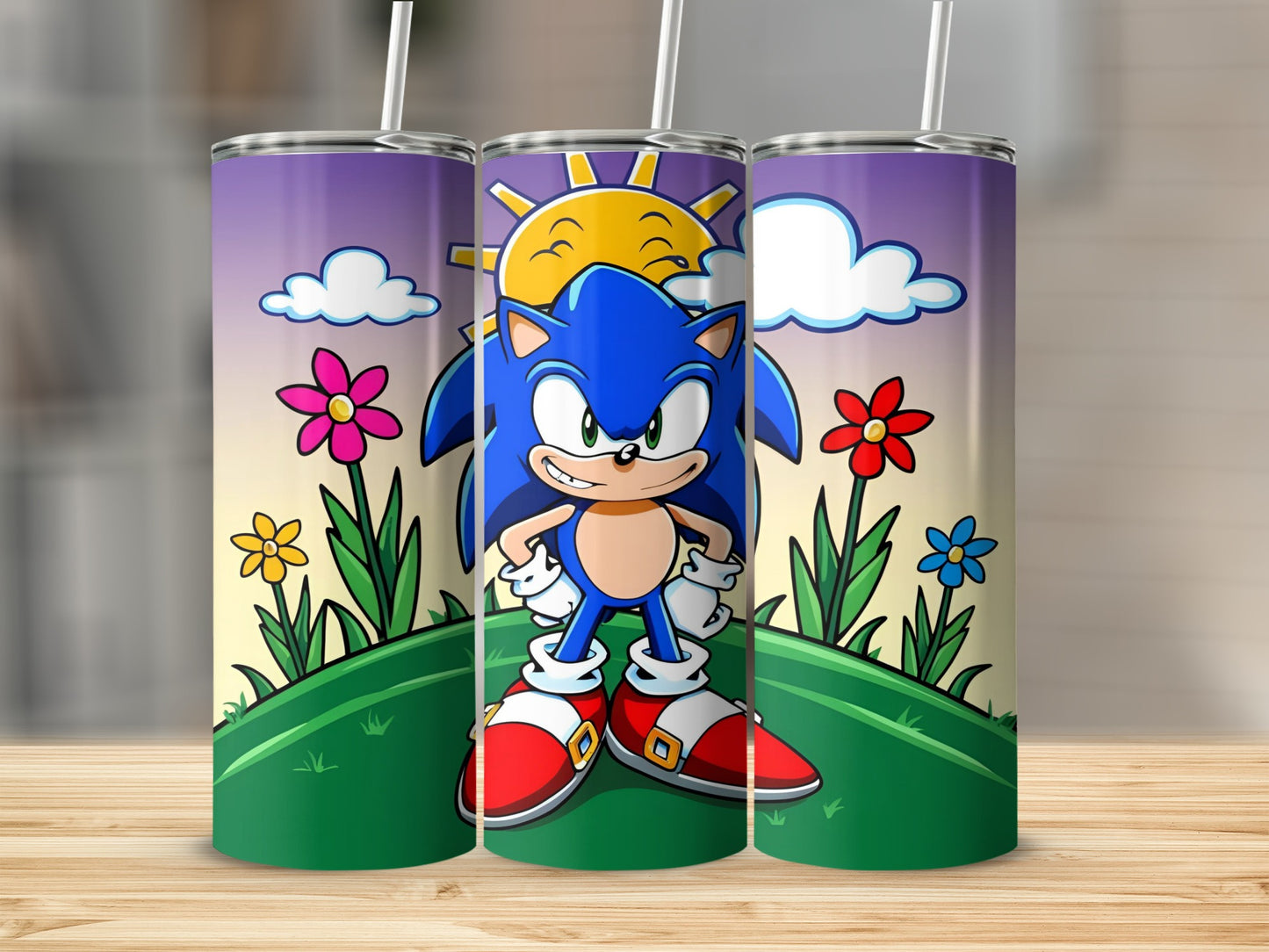 Sonic the Hedgehog cartoon character on a grassy hill with flowers and sun.