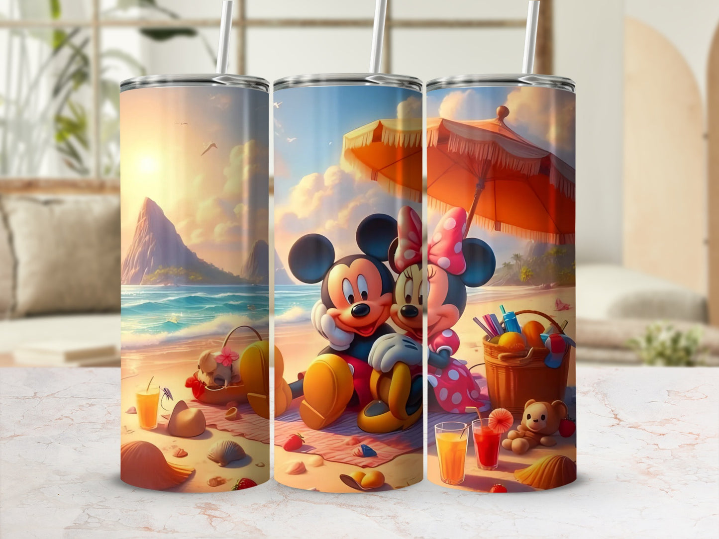 Beach Scene Mickey and Minnie Mouse Design Tumbler