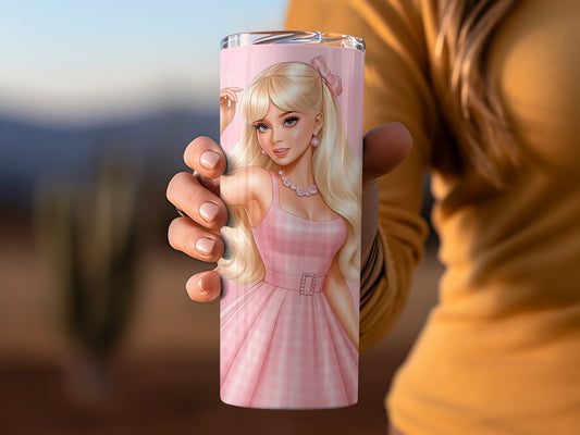 Blonde Cartoon Character in Pink Dress Tumbler