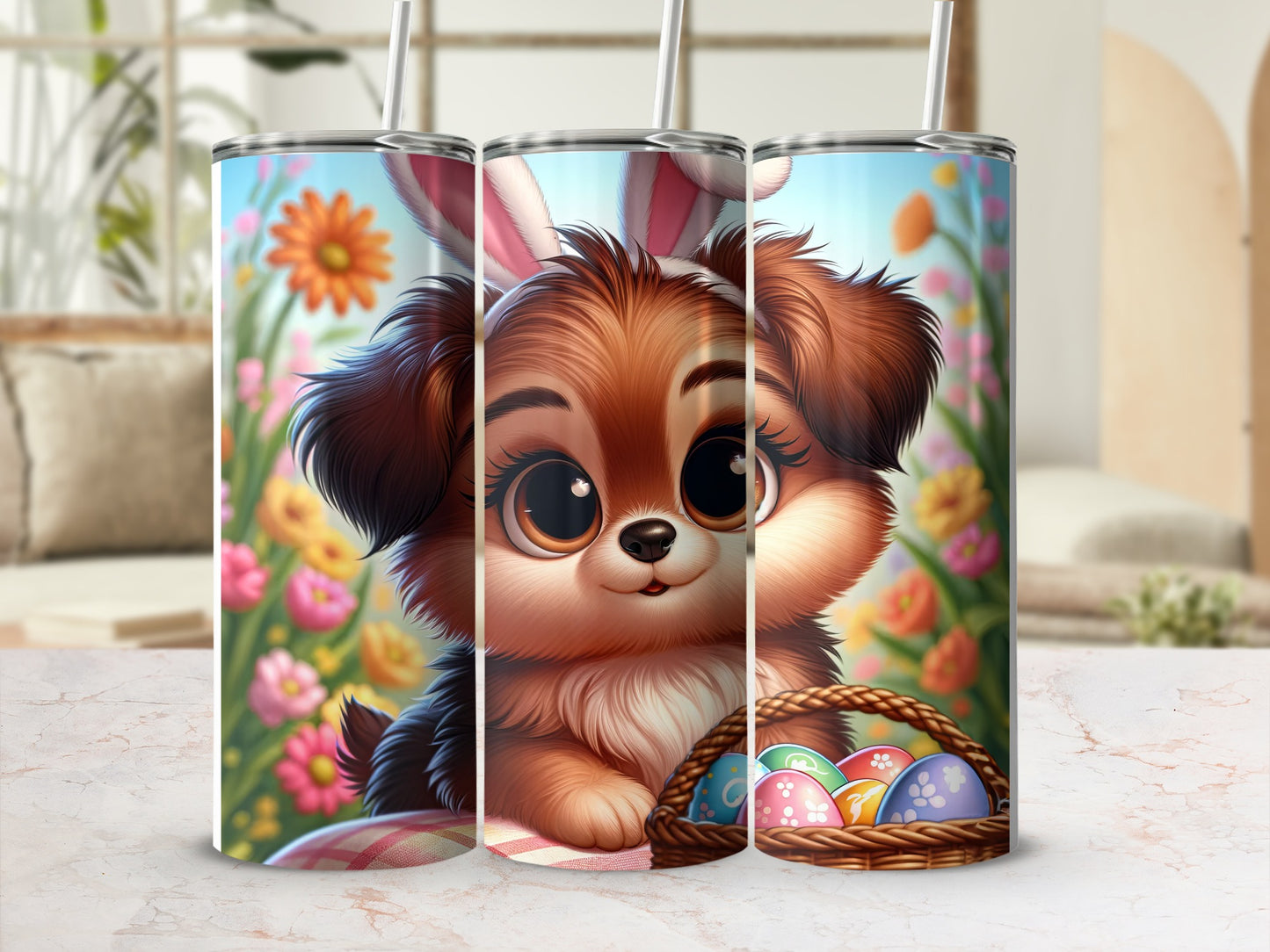 Cute puppy with bunny ears and Easter eggs in a basket.