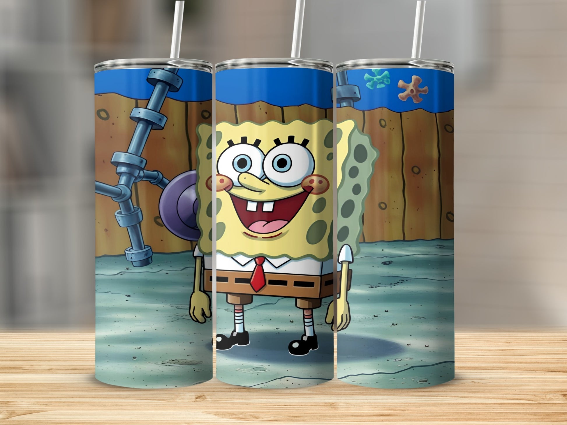 SpongeBob SquarePants cartoon character smiling in Krusty Krab restaurant.