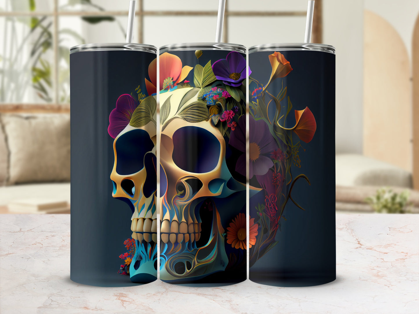 Colorful Floral Skull Design Travel Mug