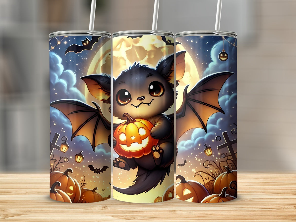 Cute bat with pumpkin on Halloween themed tumblers with full moon.