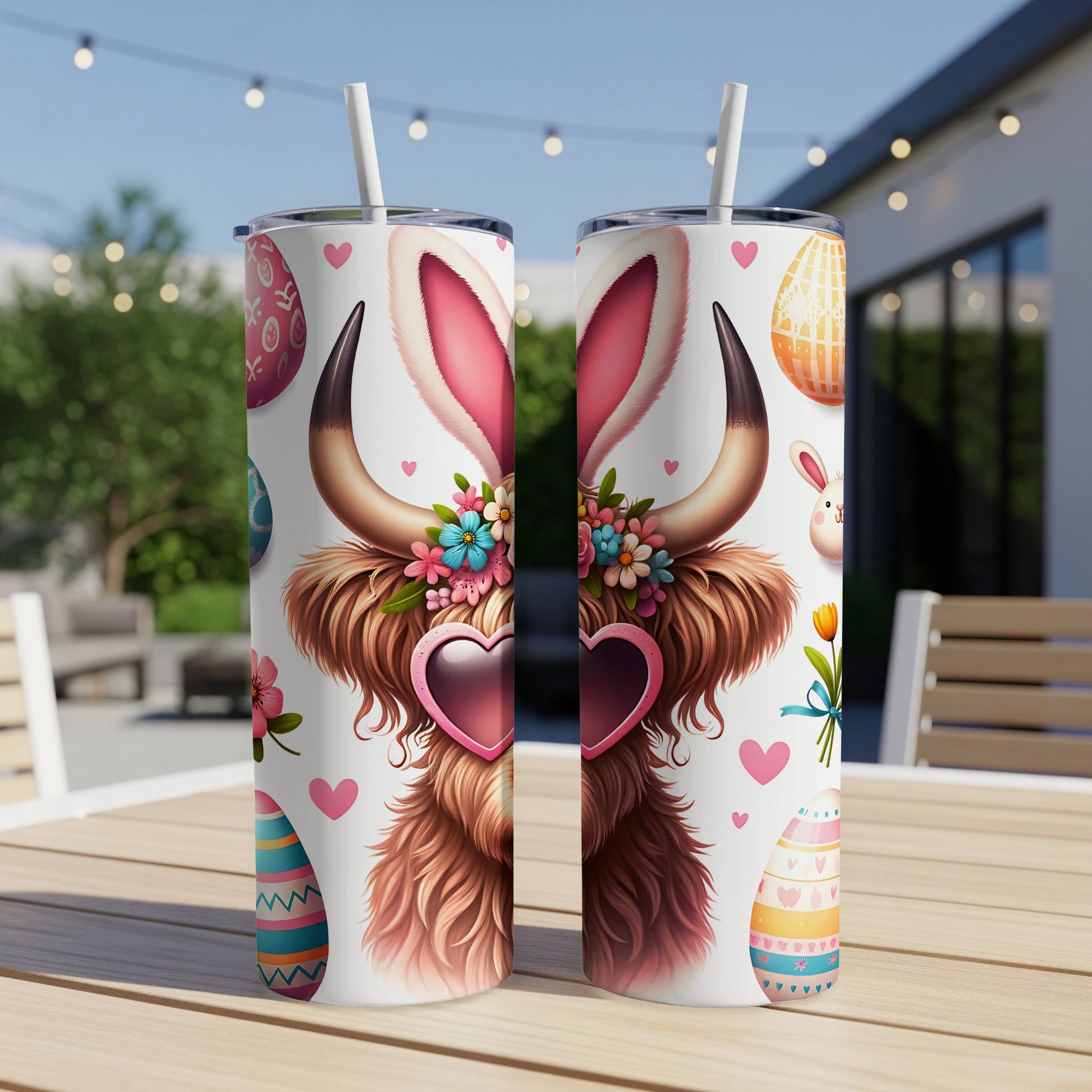 Highland cow with bunny ears and heart sunglasses on Easter-themed tumblers.
