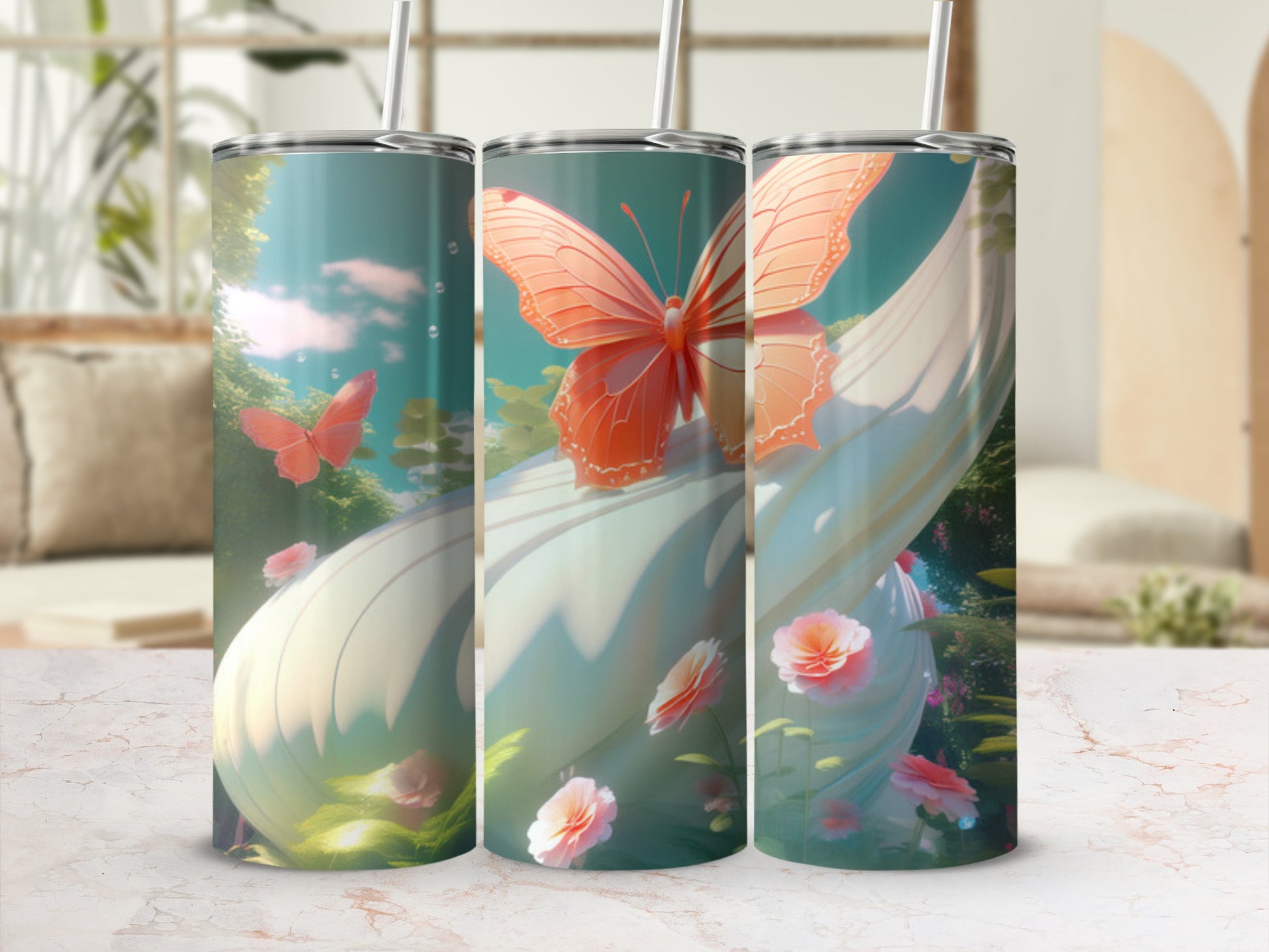 Three tumblers with pastel butterfly and floral designs.