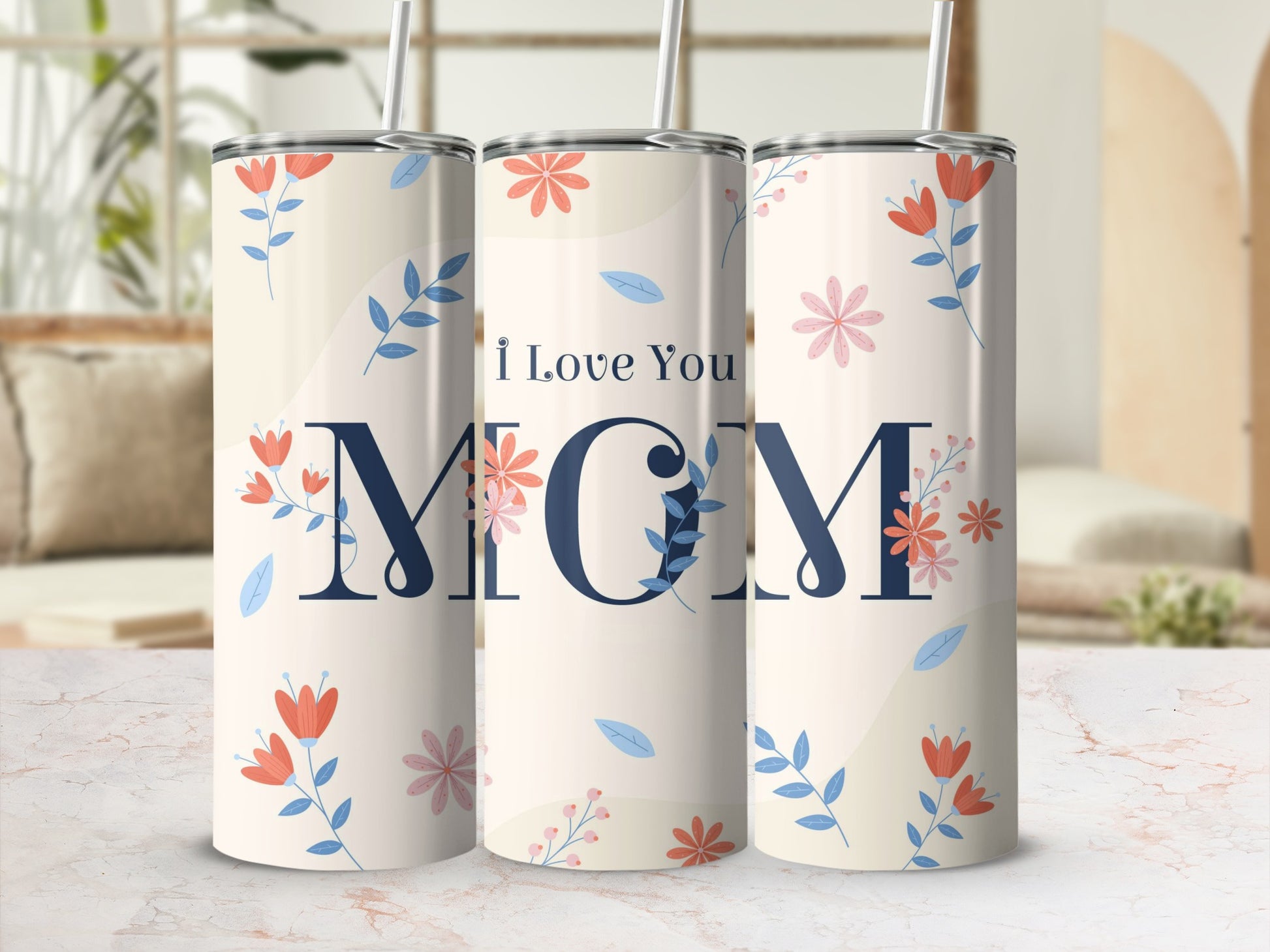 I Love You Mom Floral Design Tumbler for Mother's Day