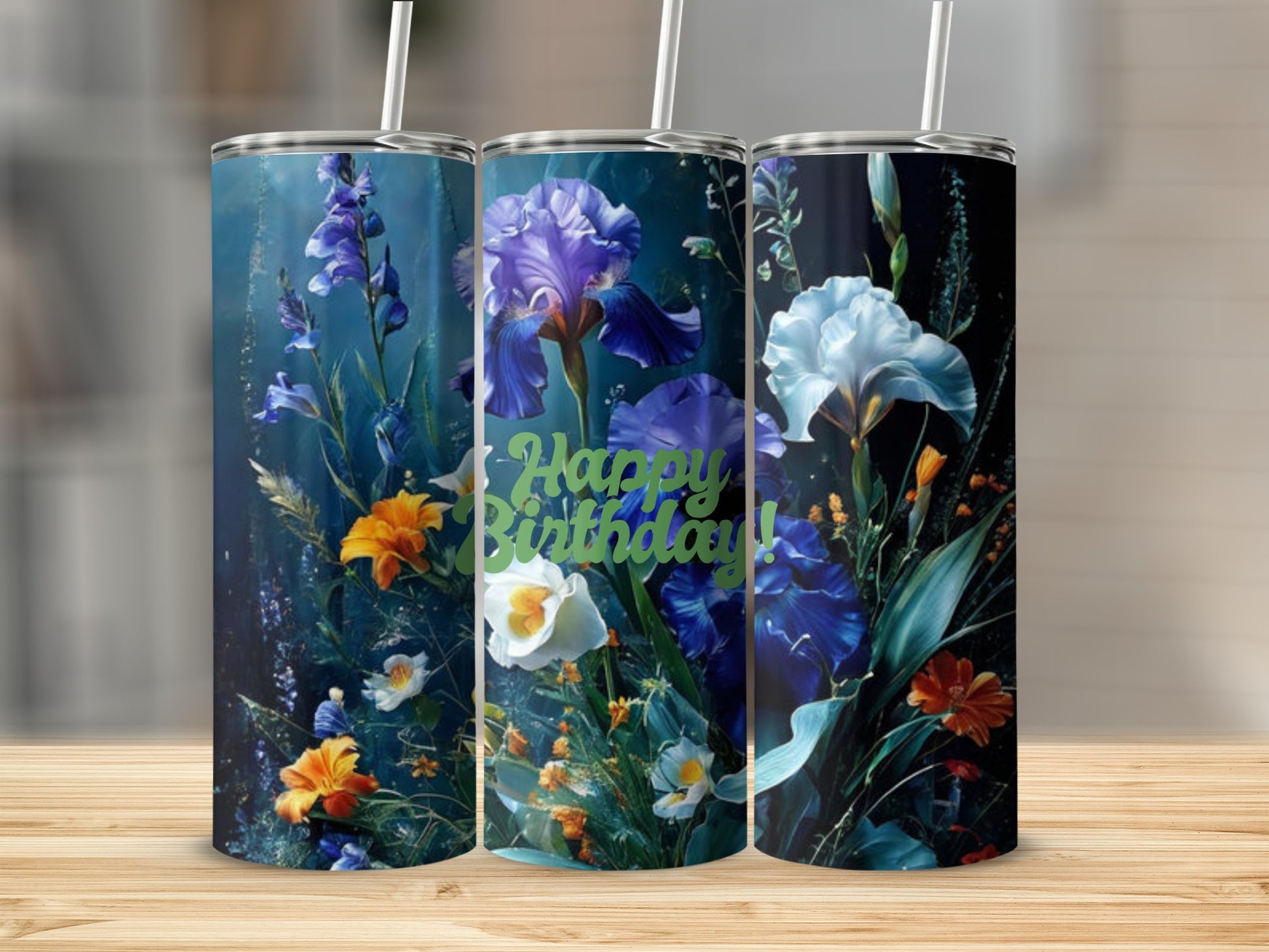 Tumbler with irises and text "Happy Birthday!".