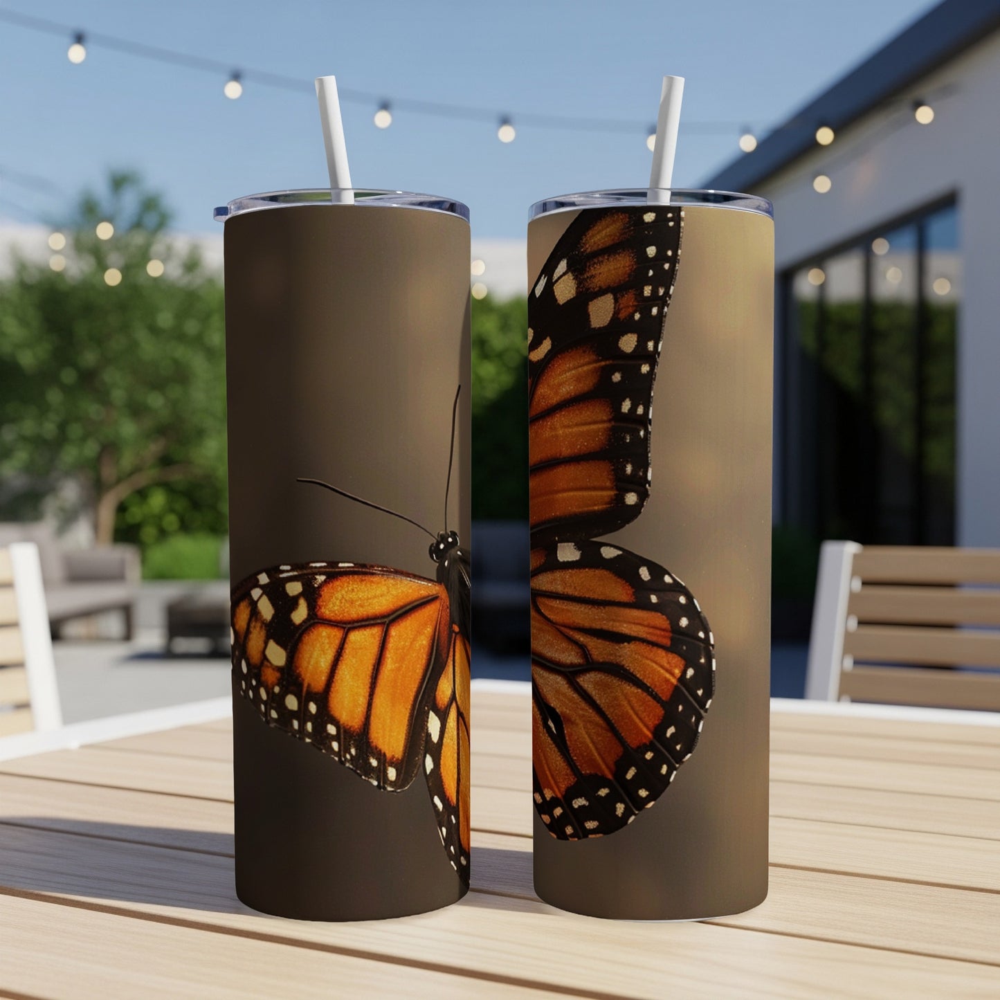 Monarch butterfly design on two matching tumblers.
