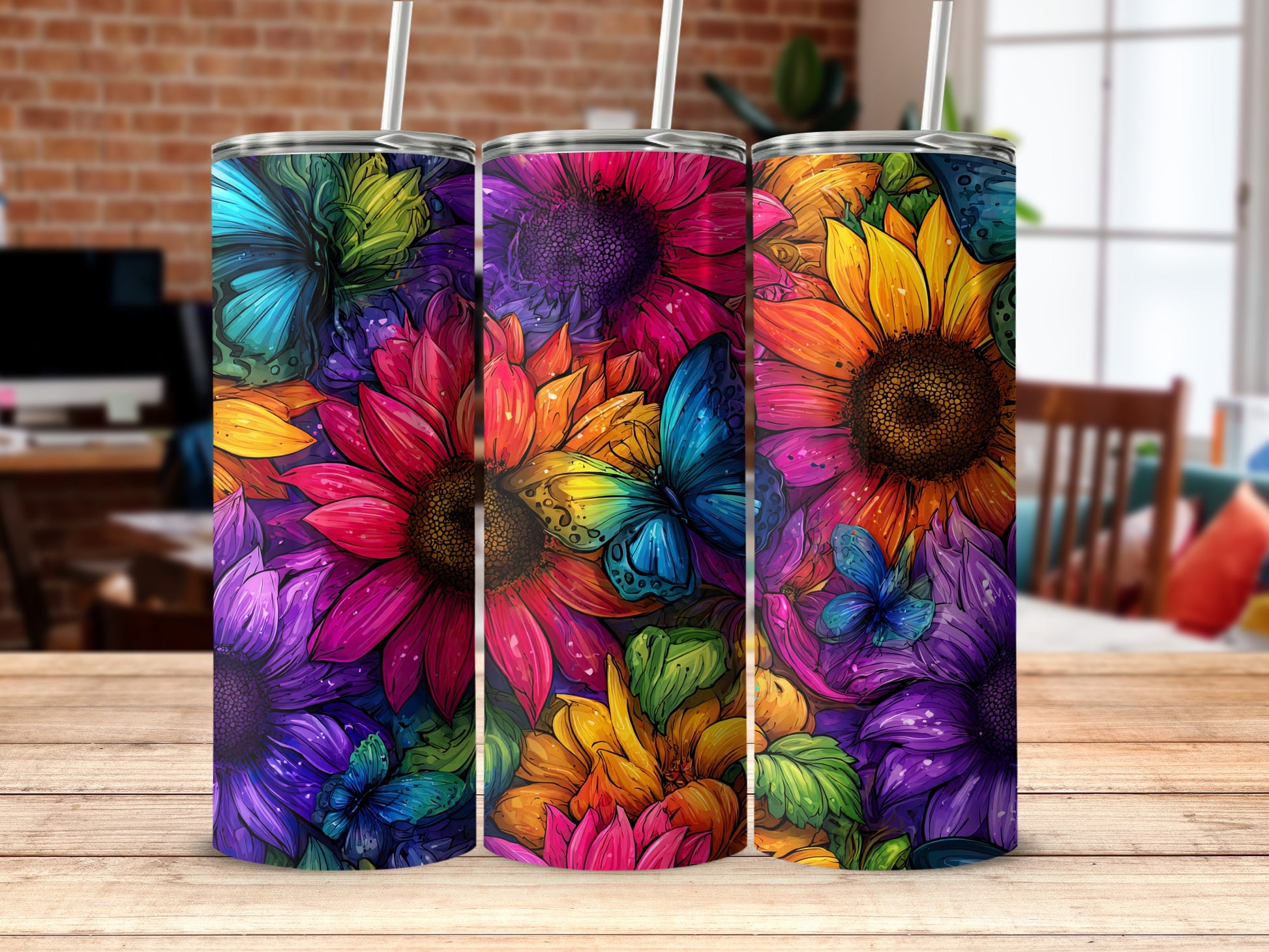 Floral Butterfly Tumblers with Vibrant Colors design