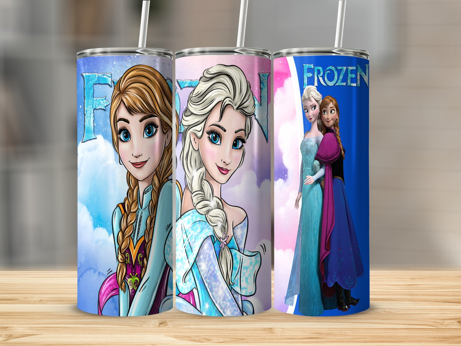 Frozen characters Anna and Elsa on three blue and pink themed tumblers.