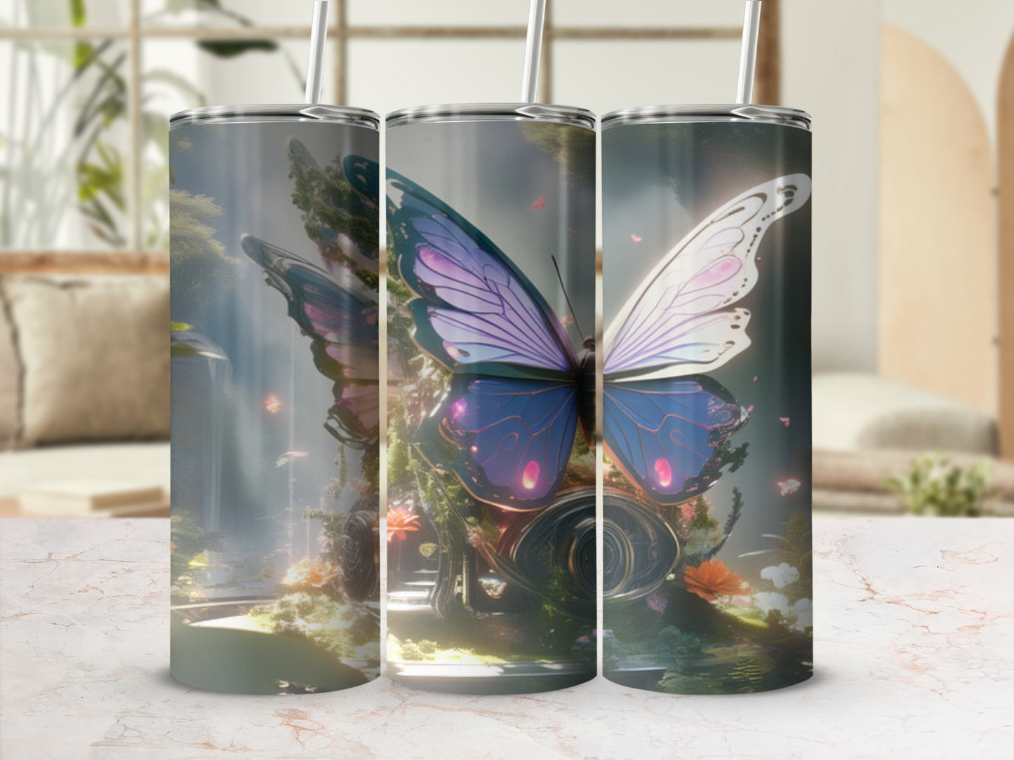 Three tumblers with iridescent butterfly wings and floral designs.