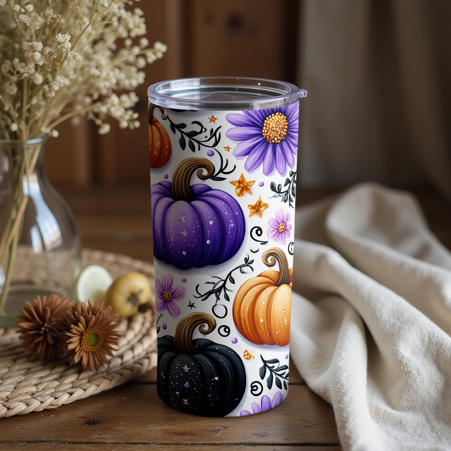 Halloween Pumpkins and Flowers Travel Mug