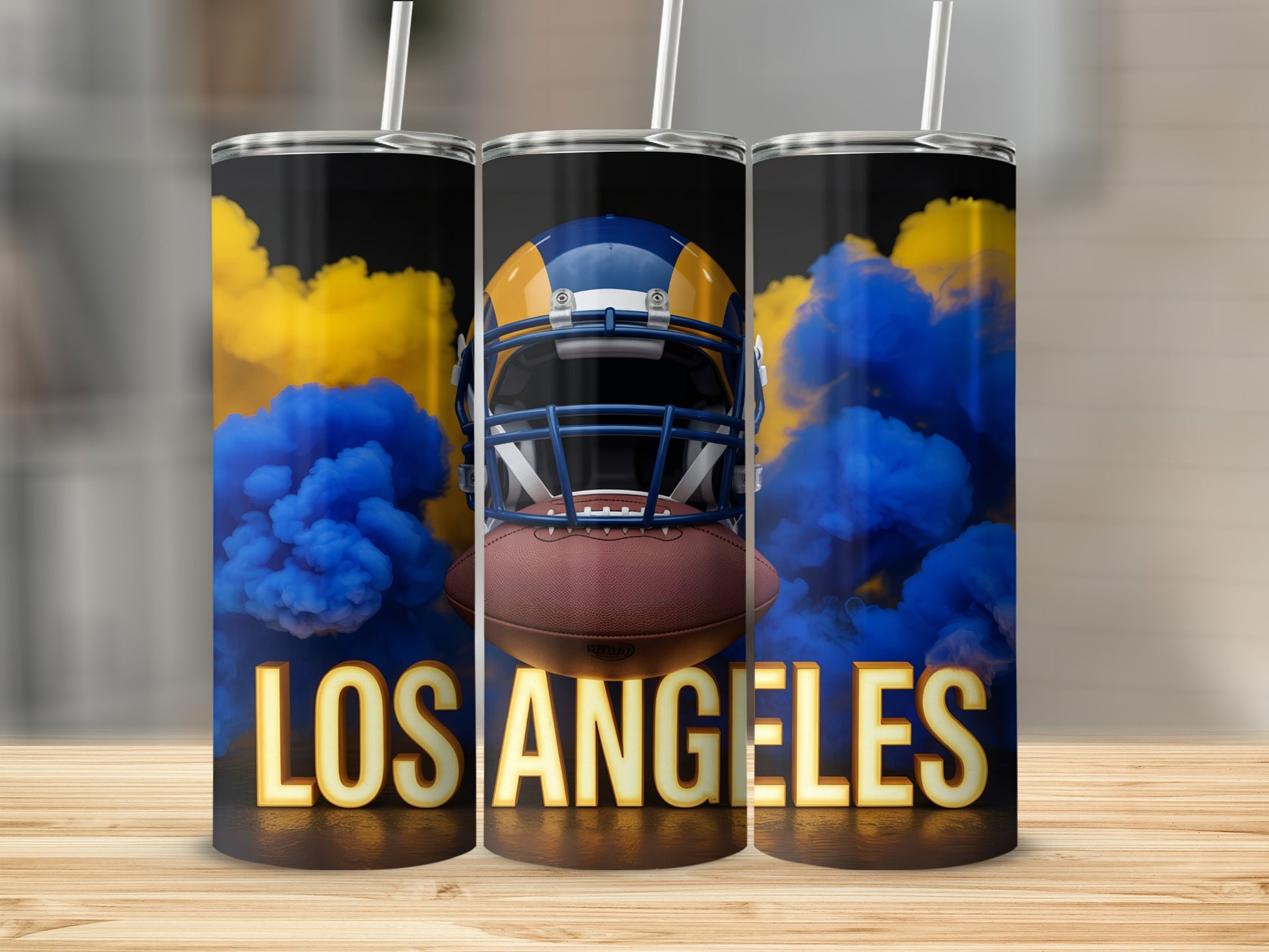 Los Angeles Rams football helmet and smoke on a tumbler.