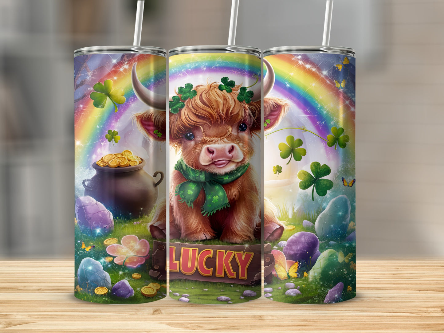 Cute cow with clover, rainbow, and pot of gold on St. Patrick's Day tumbler.