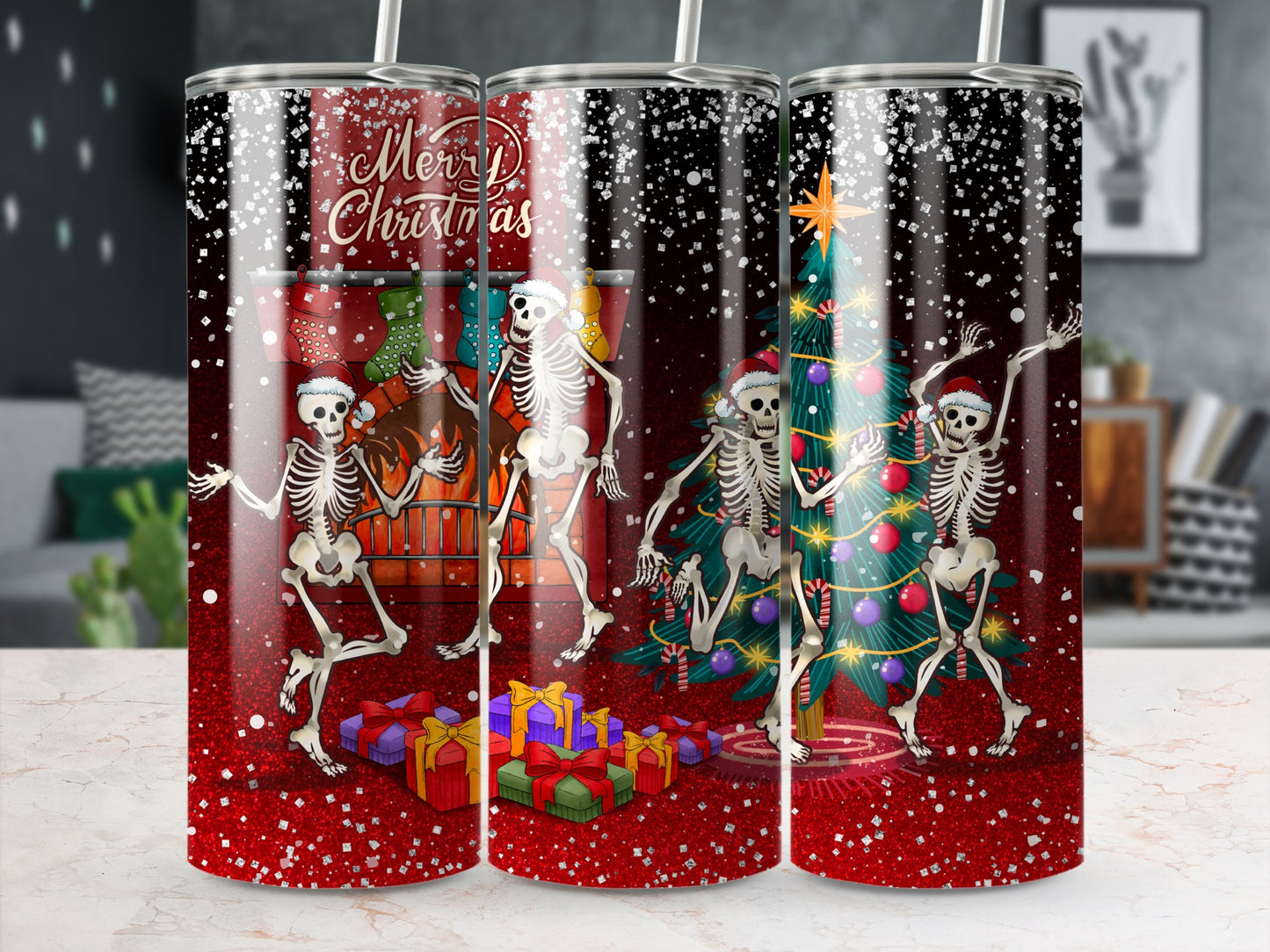 Dancing skeletons in front of fireplace and Christmas tree with presents.