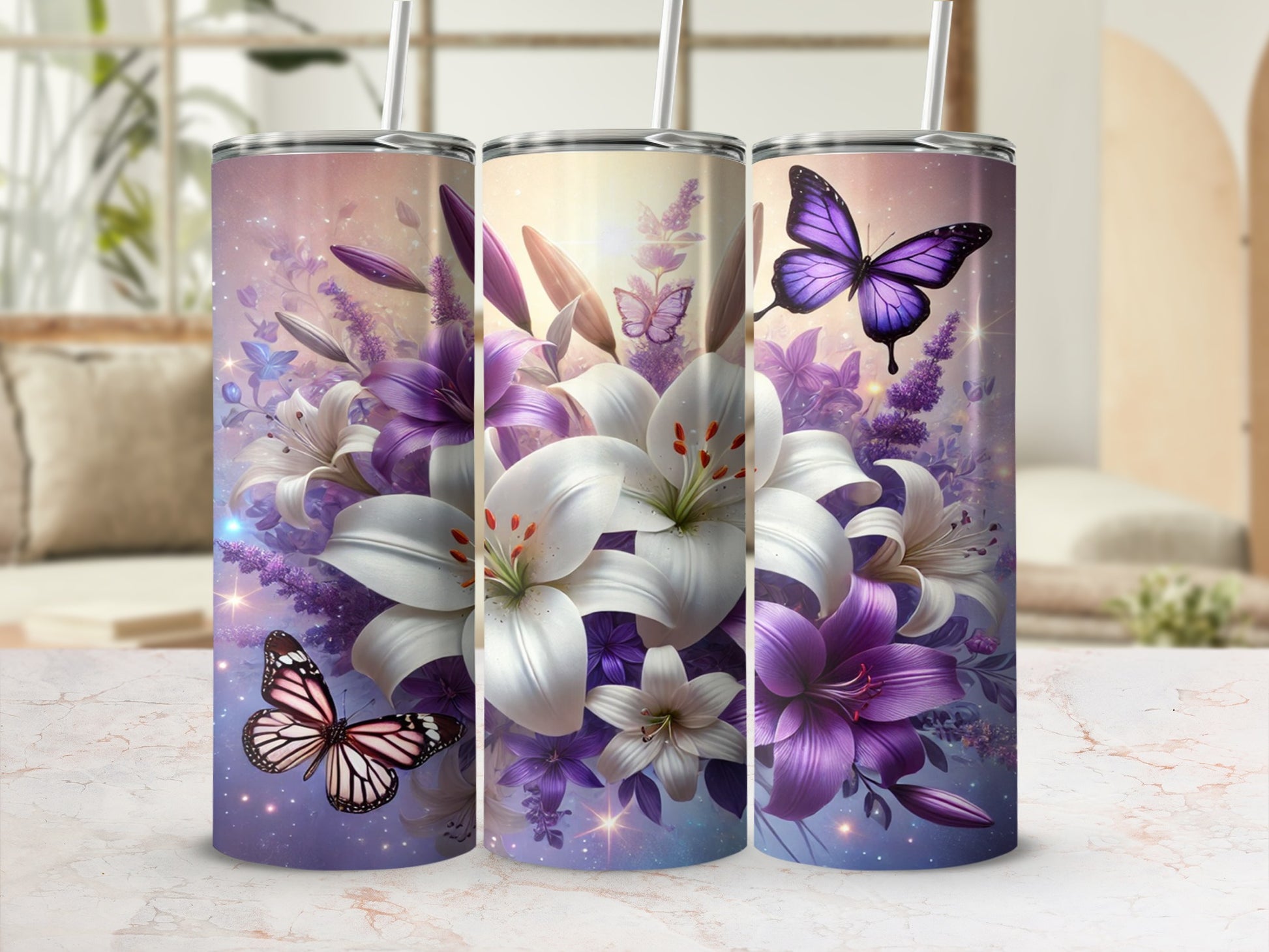 Beautiful Butterfly and Lilies Themed Tumbler