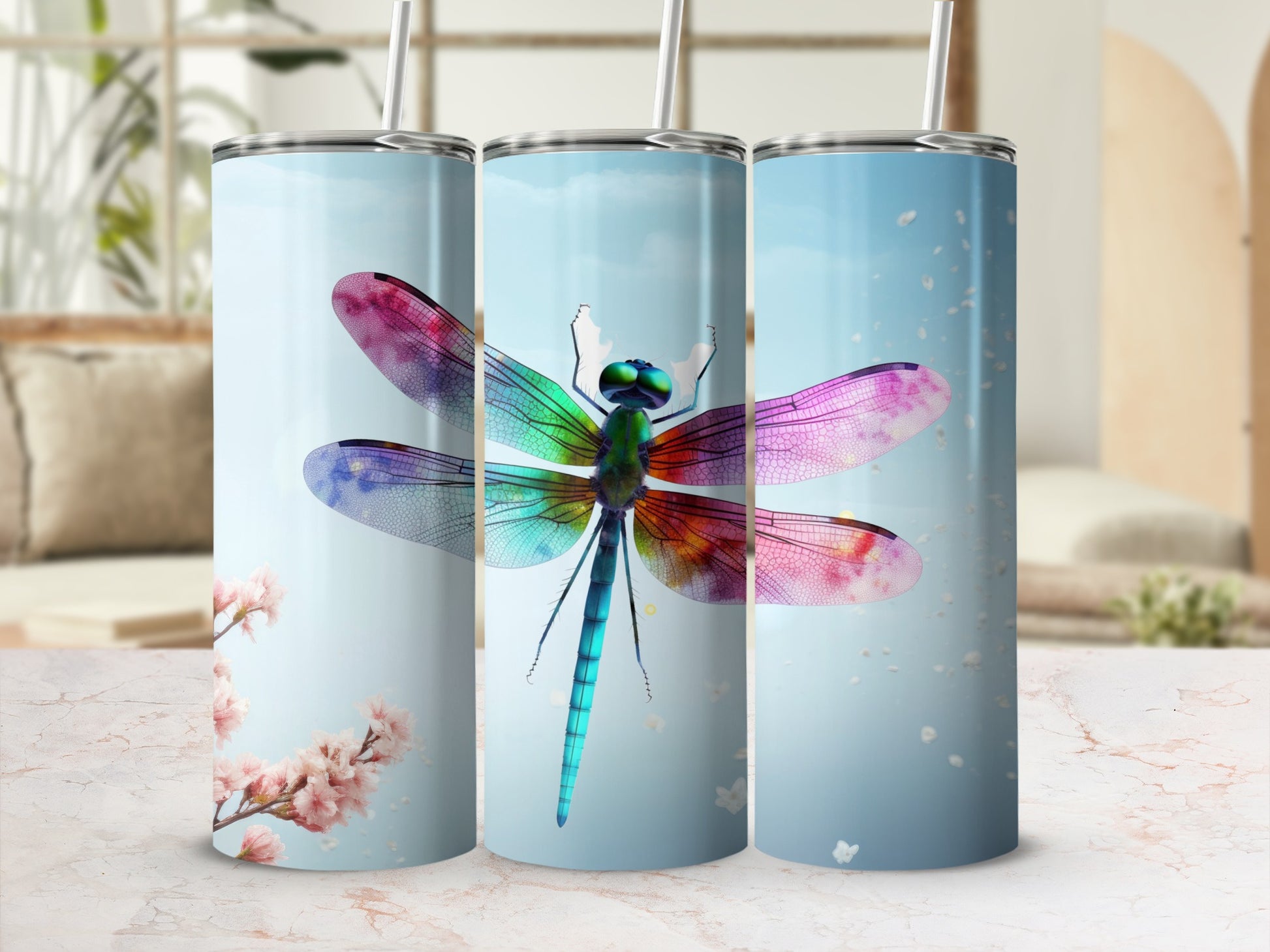Colorful Dragonfly Design on Blue Background Tumbler