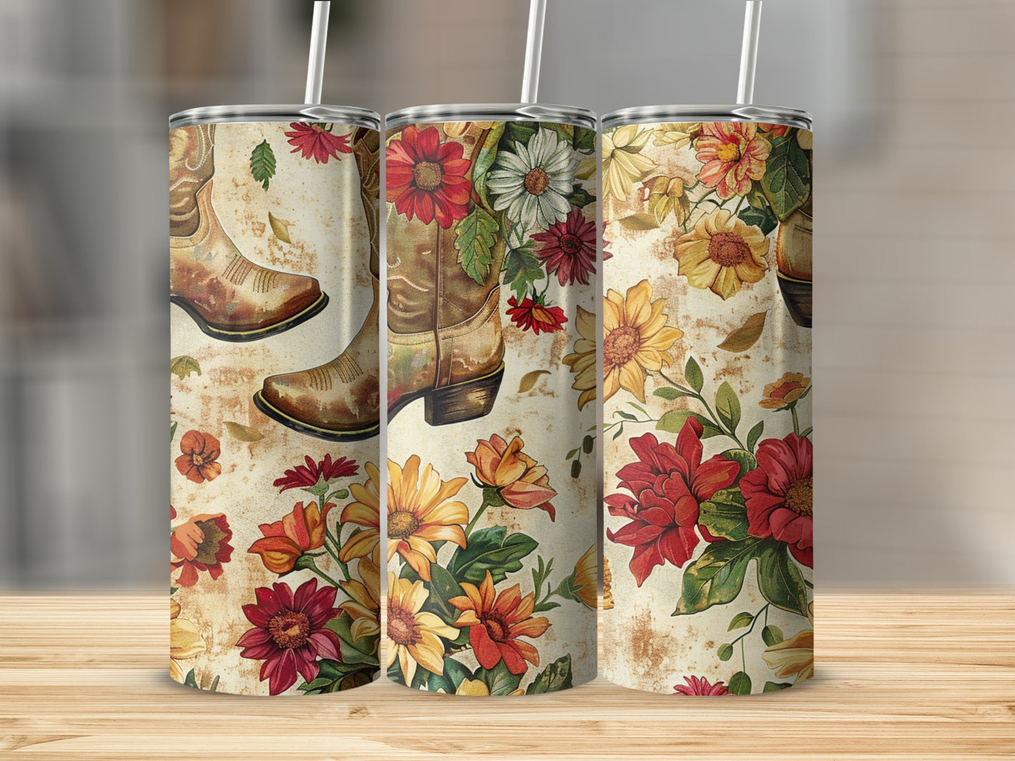 Cowboy boots and floral pattern on three tumblers.