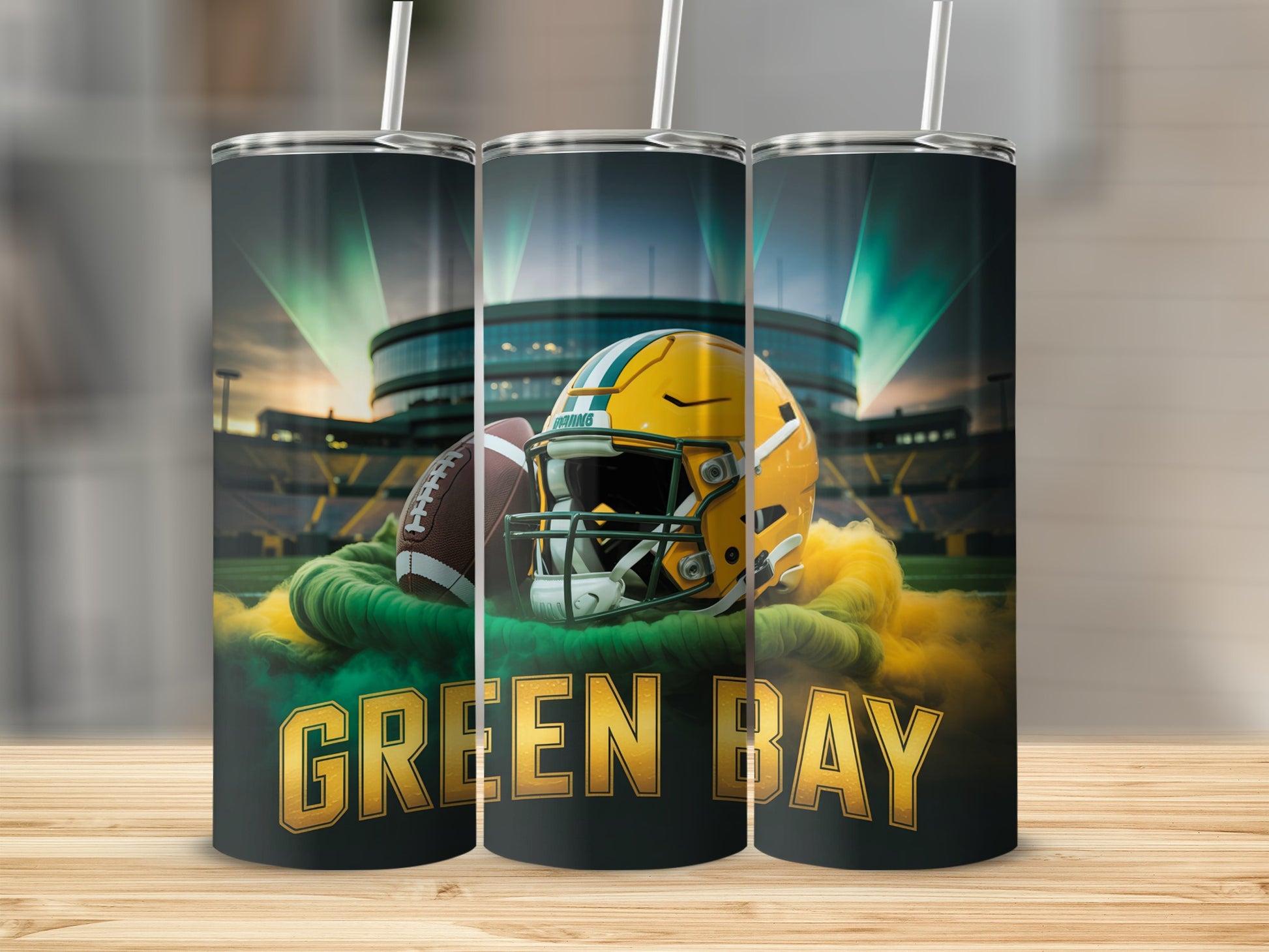 Green Bay Packers helmet and football with stadium lights and smoke.