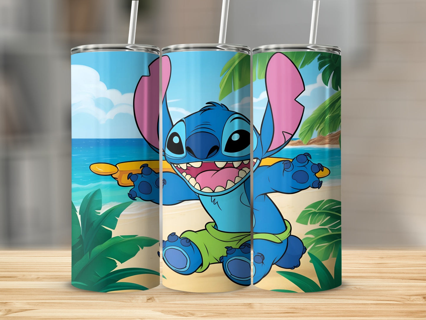 Stitch character on a beach with palm trees, holding a surfboard.