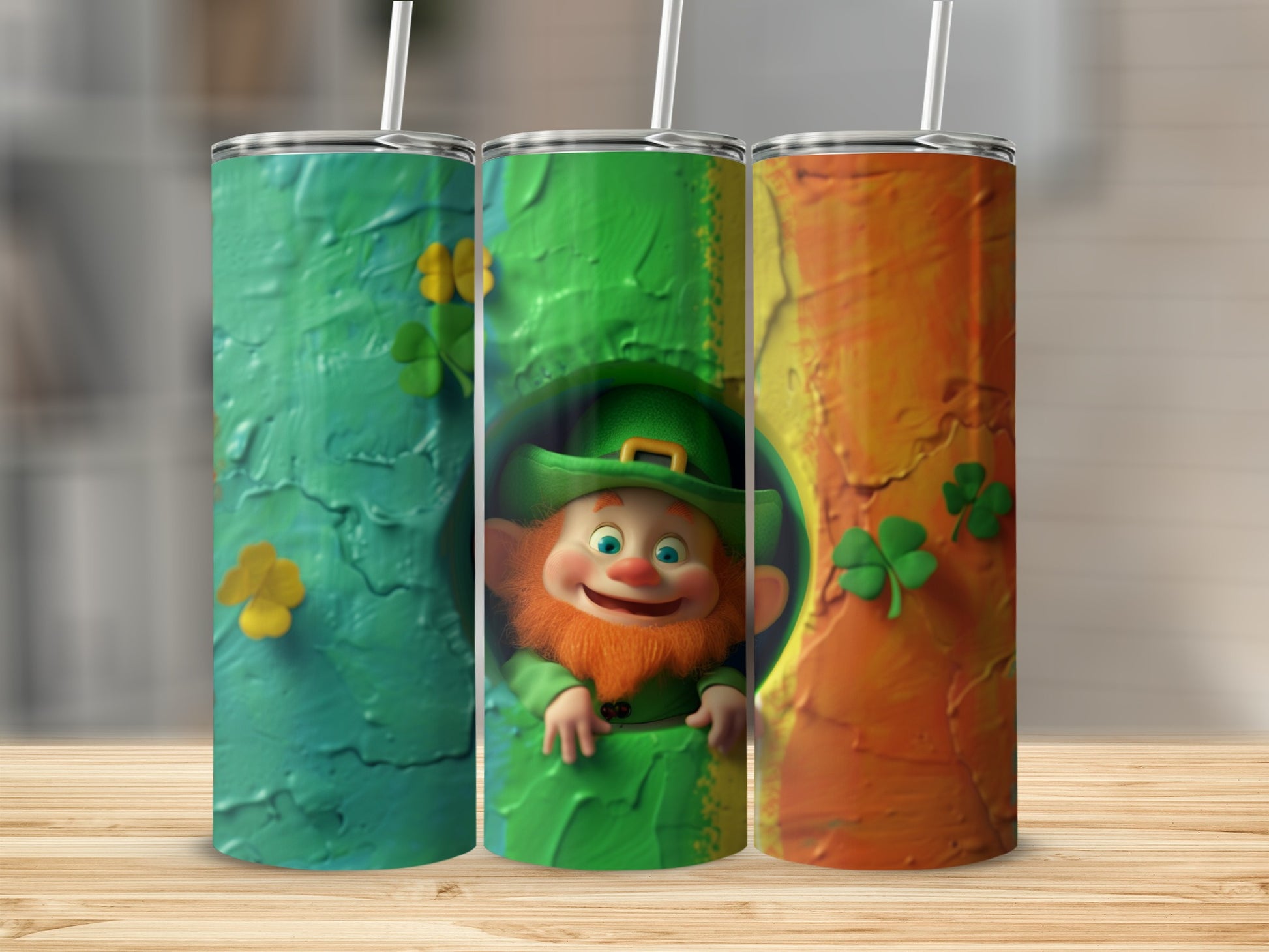 Leprechaun peeking from behind a colorful, textured wall with shamrocks.