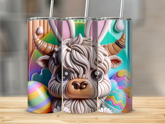 Three Highland cows with Easter bunny ears and colorful eggs.