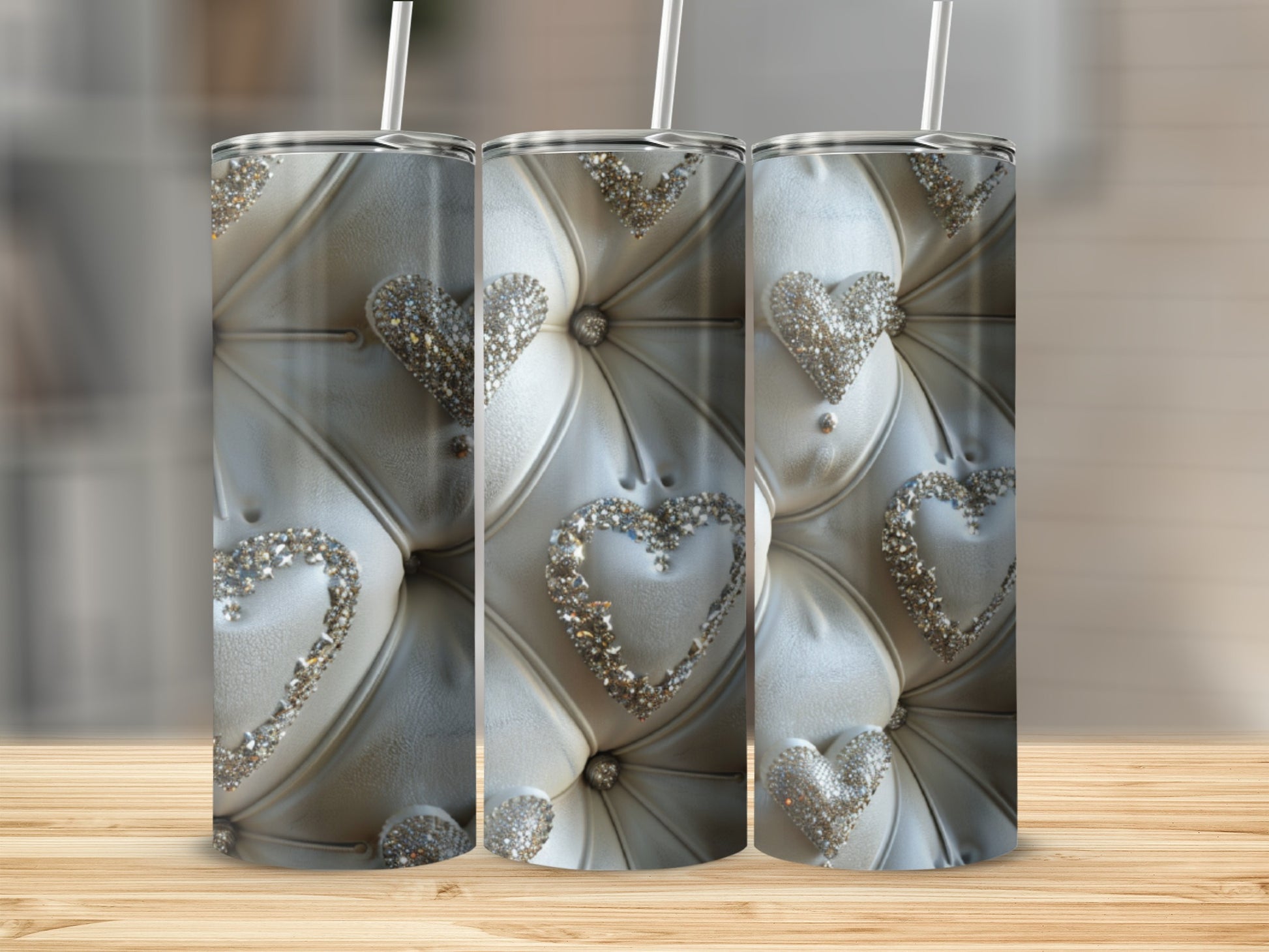 Triptych of tumblers with white tufted upholstery and diamond heart patterns.