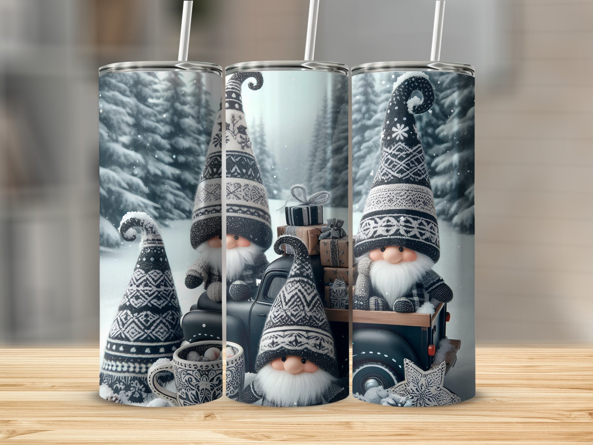 Three Christmas gnomes and gifts in truck with snowy background.
